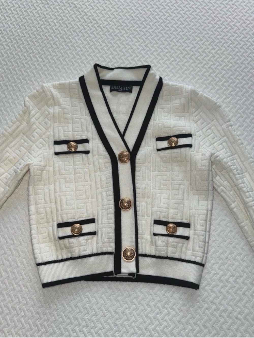 Balmain White Knit Cardigan with Black Trim